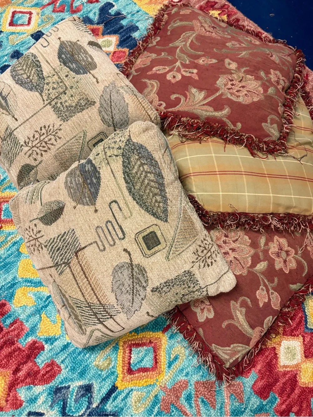 Decorative Throw Pillow Set in Rust, Plaid, Natural Leaf Prints bundle lot